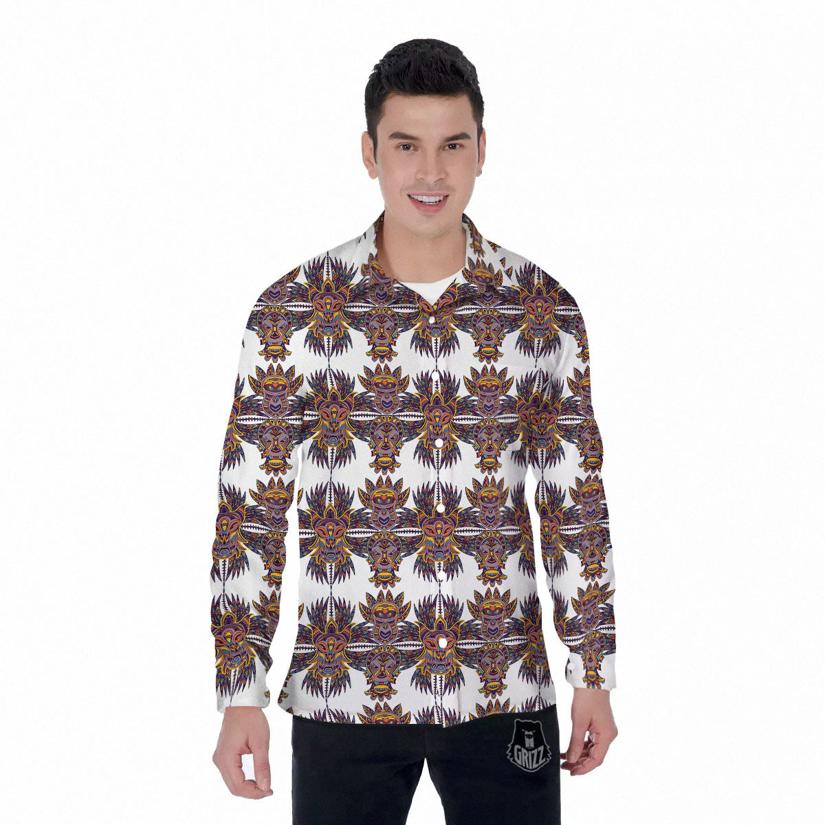 Tiki Mask Ornament Print Pattern Men's Long Sleeve Shirts-grizzshop