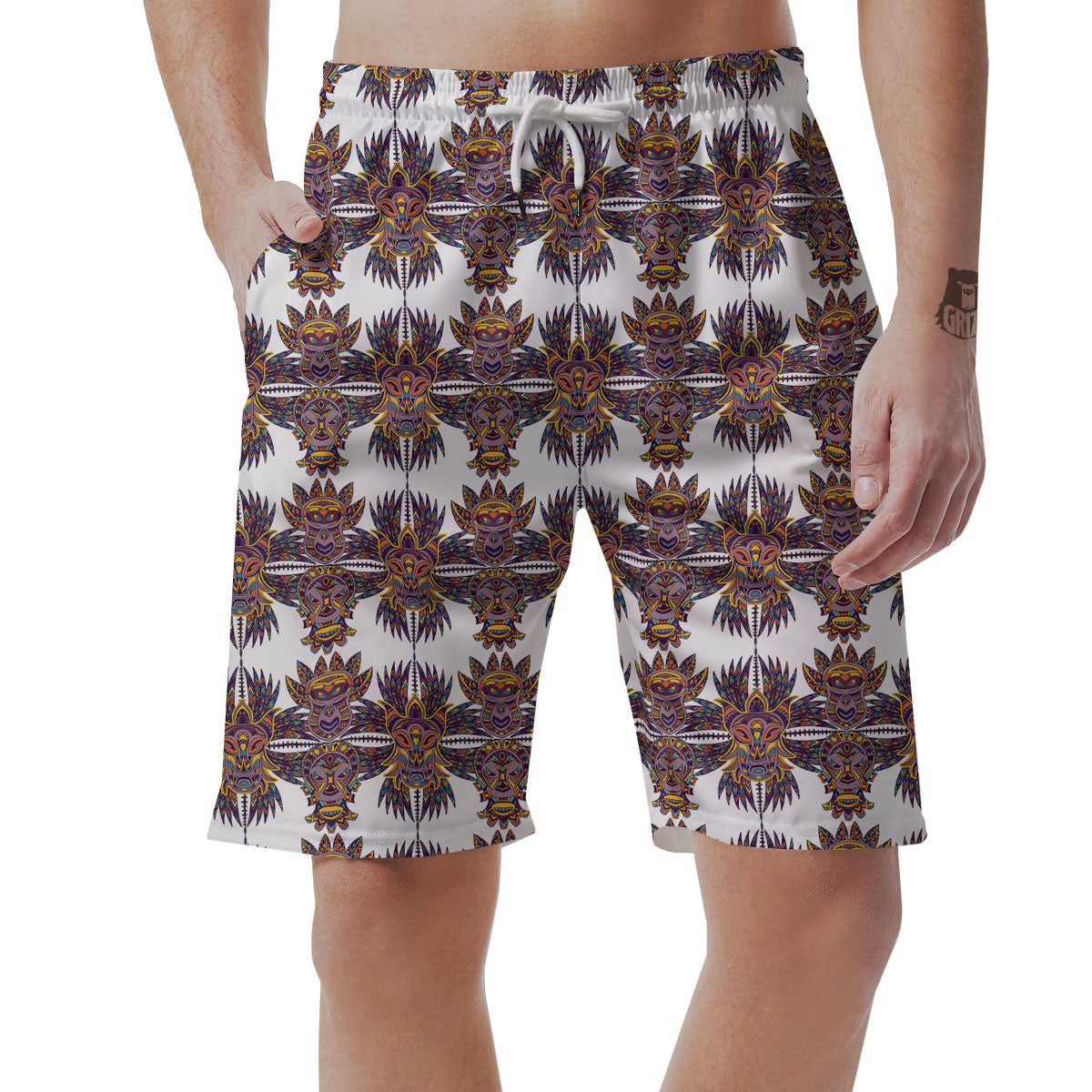 Tiki Mask Ornament Print Pattern Men's Shorts-grizzshop