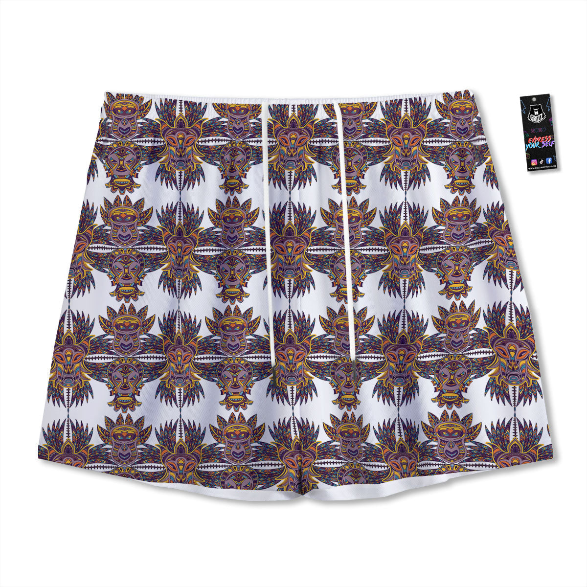 Tiki Mask Ornament Print Pattern Mesh Shorts