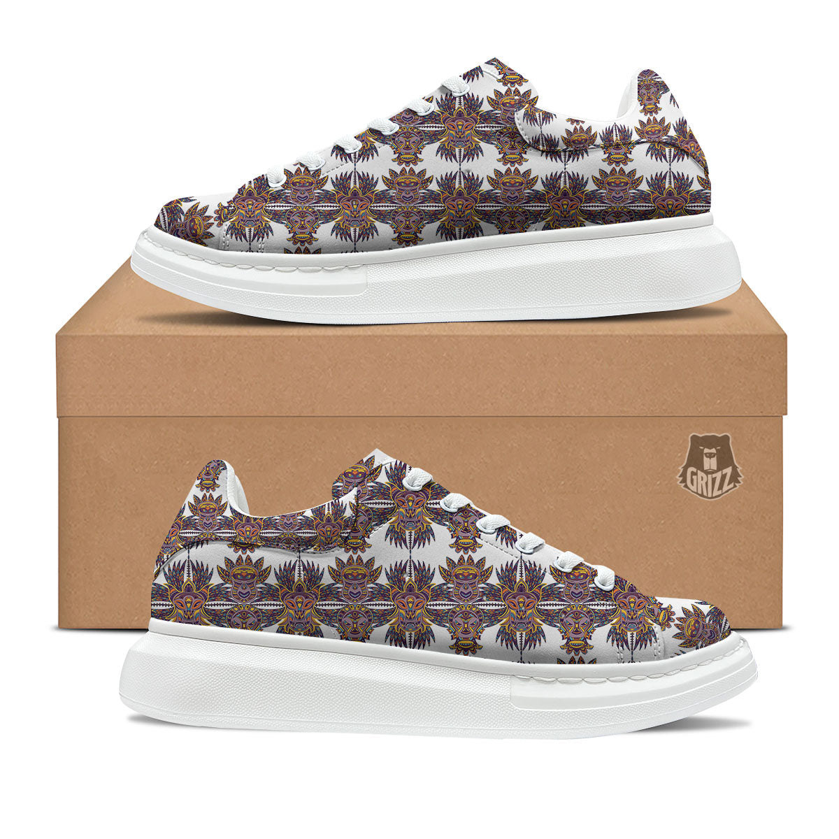 Tiki Mask Ornament Print Pattern Platform Shoes-grizzshop
