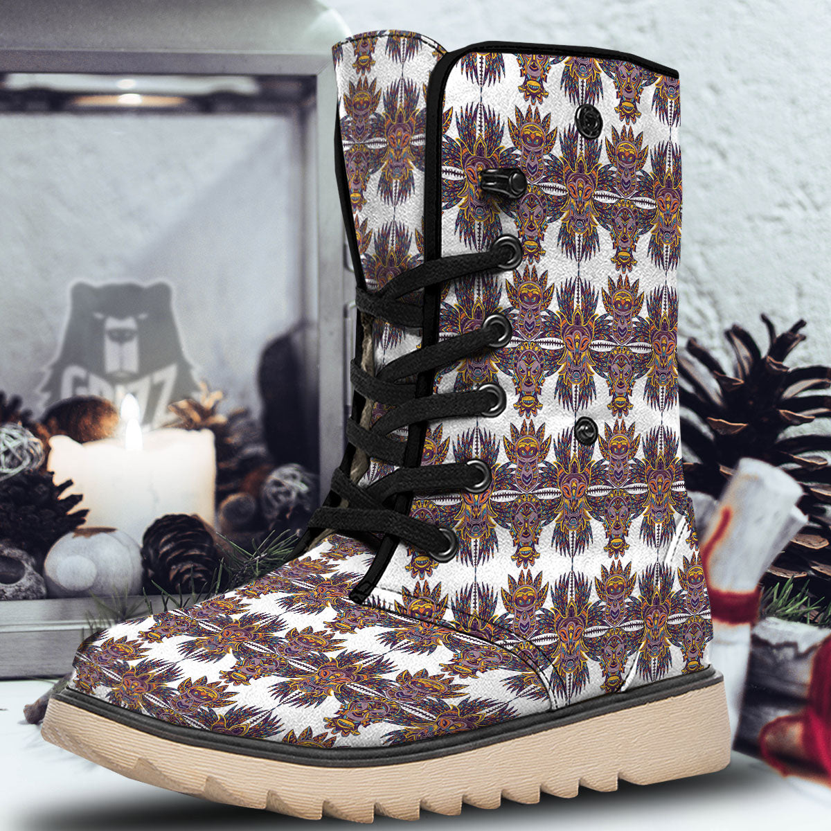 Tiki Mask Ornament Print Pattern Snow Boots-grizzshop