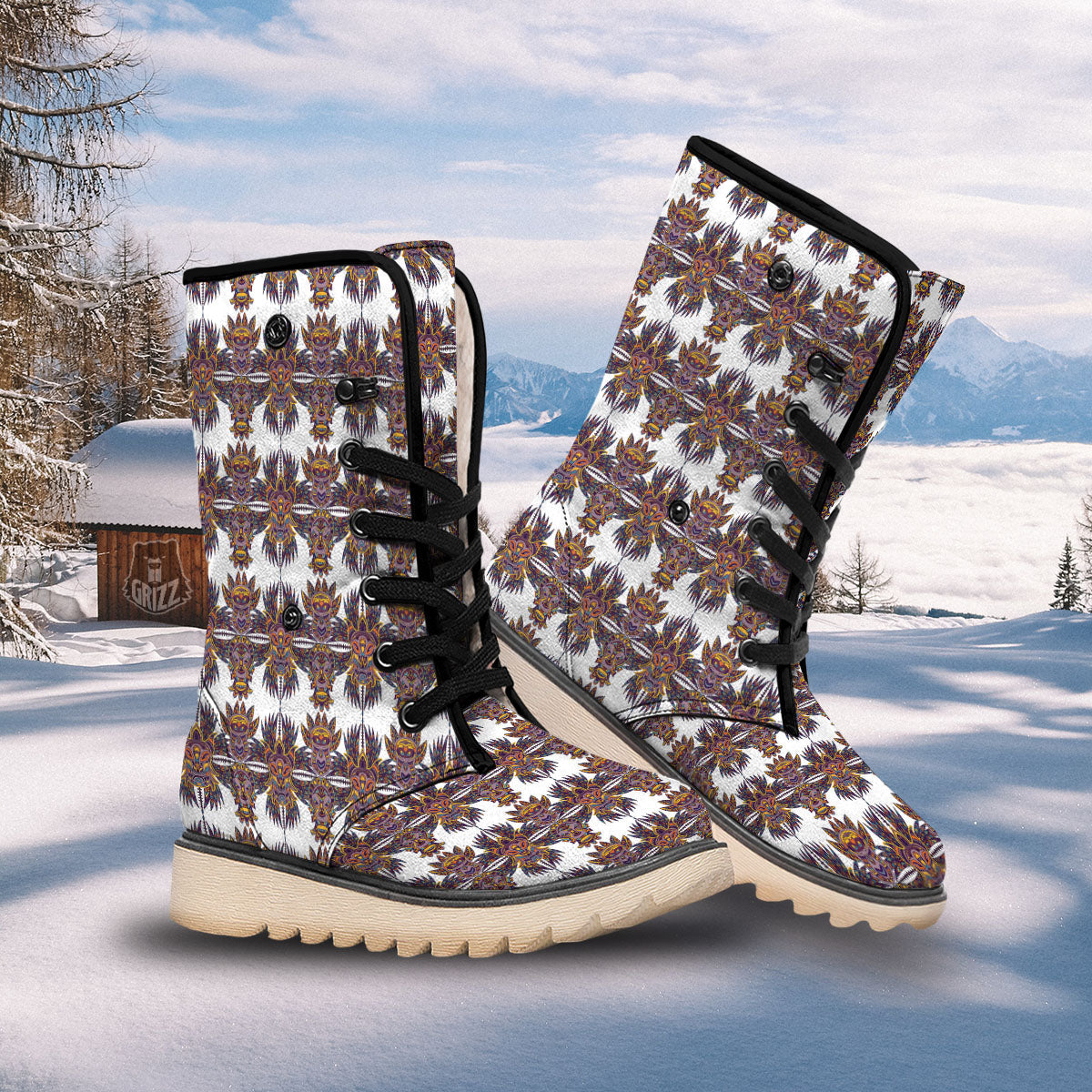 Tiki Mask Ornament Print Pattern Snow Boots-grizzshop