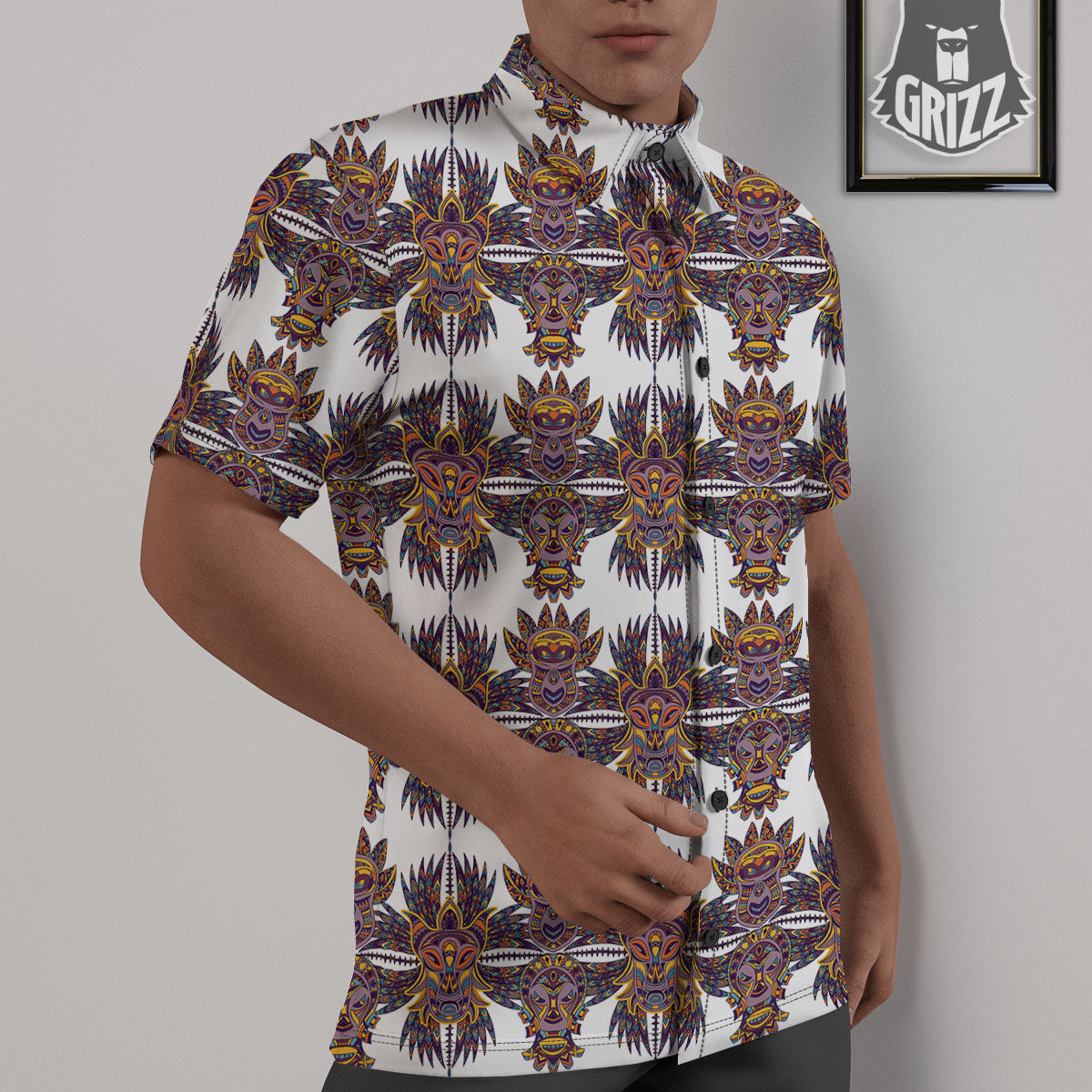 Tiki Mask Ornament Print Pattern Untucked Shirts-grizzshop