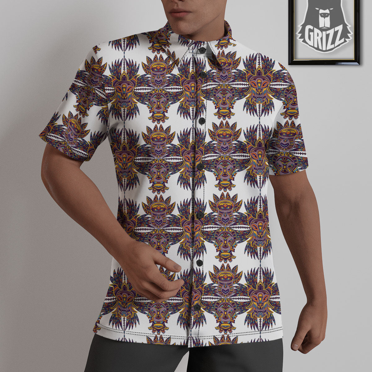 Tiki Mask Ornament Print Pattern Untucked Shirts-grizzshop