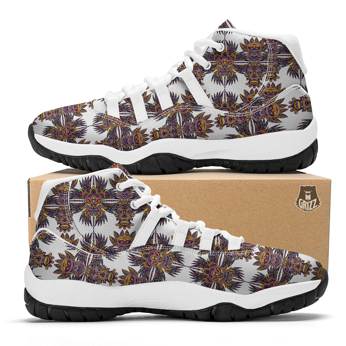 Tiki Mask Ornament Print Pattern White Bball Shoes-grizzshop