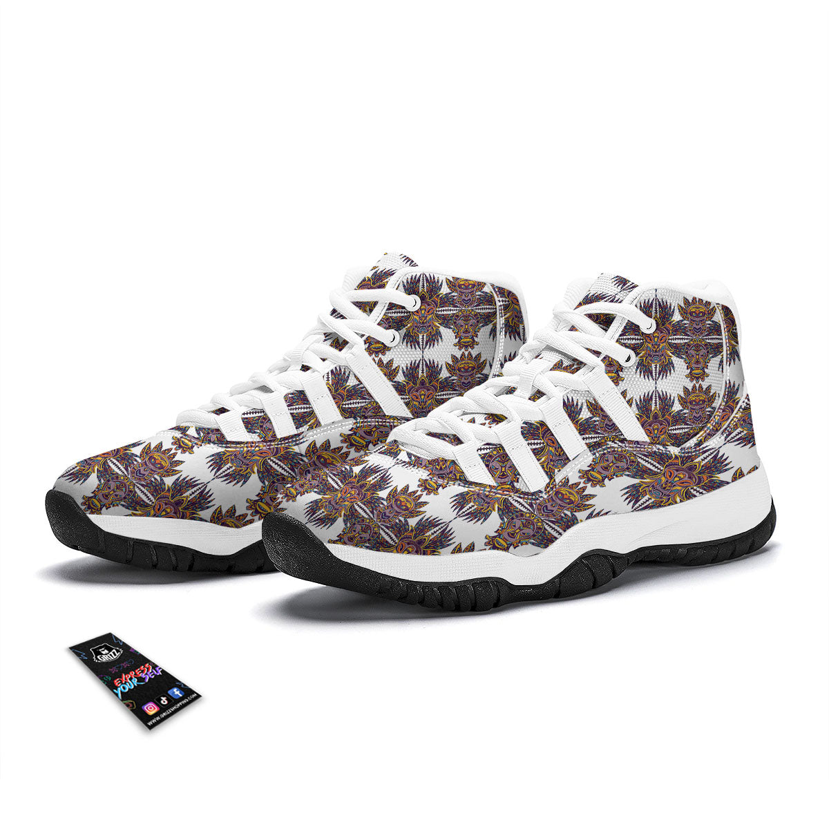 Tiki Mask Ornament Print Pattern White Bball Shoes-grizzshop