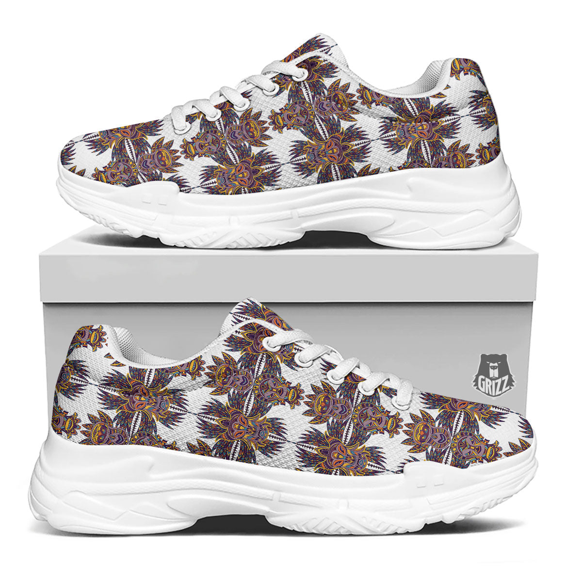 Tiki Mask Ornament Print Pattern White Chunky Shoes-grizzshop