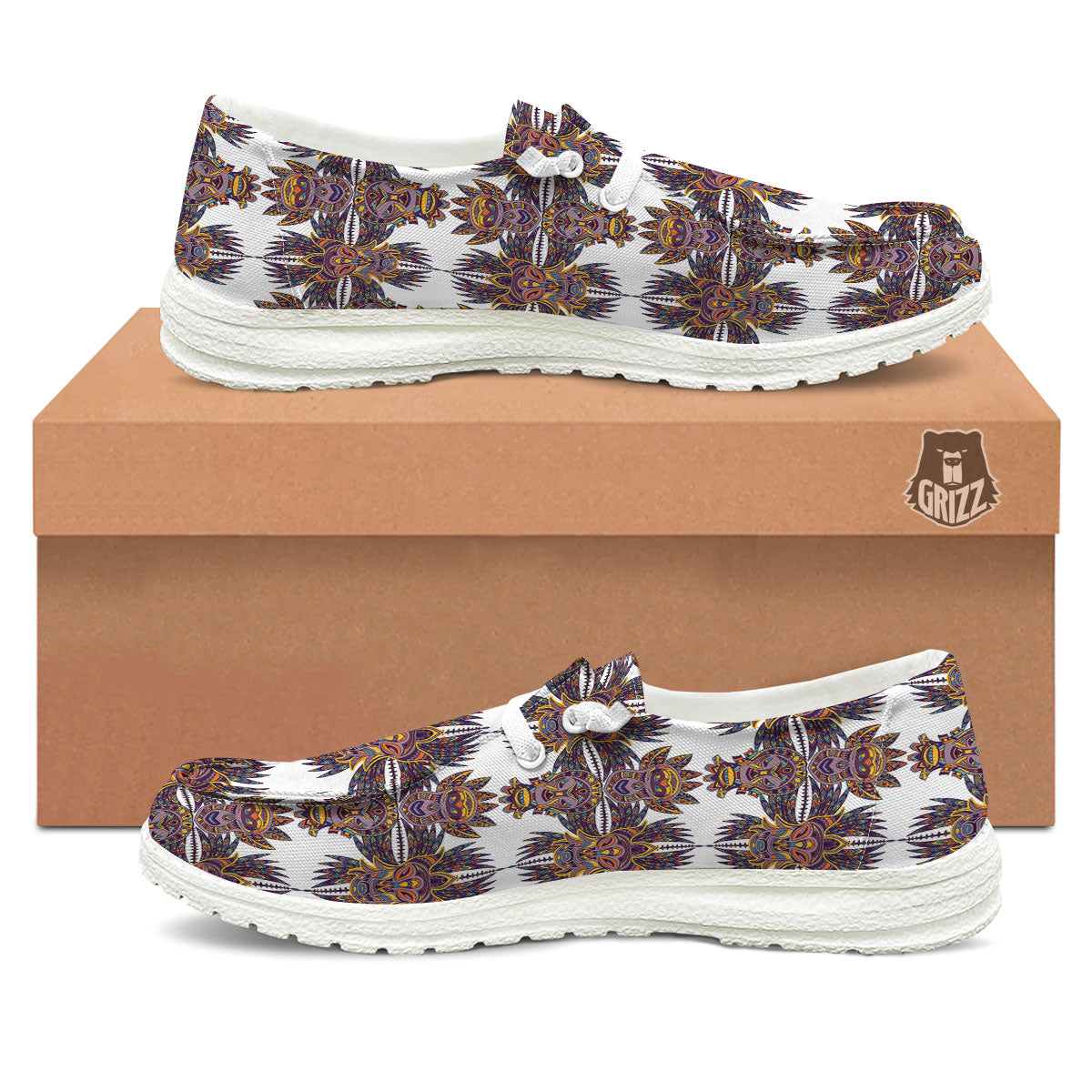 Tiki Mask Ornament Print Pattern White Loafers-grizzshop