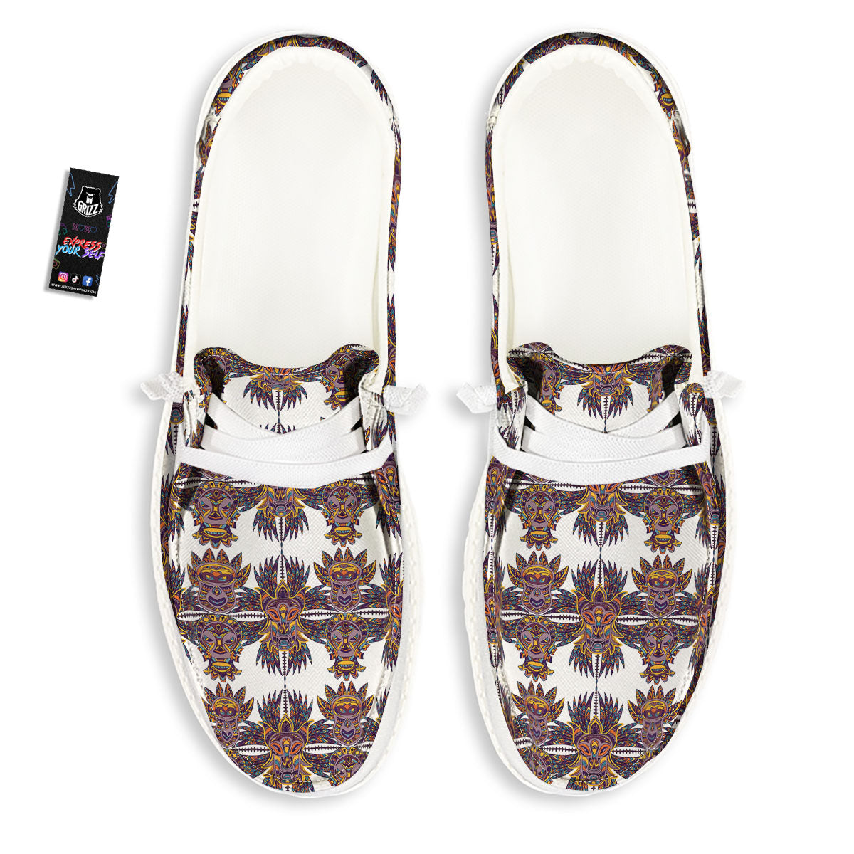 Tiki Mask Ornament Print Pattern White Loafers-grizzshop