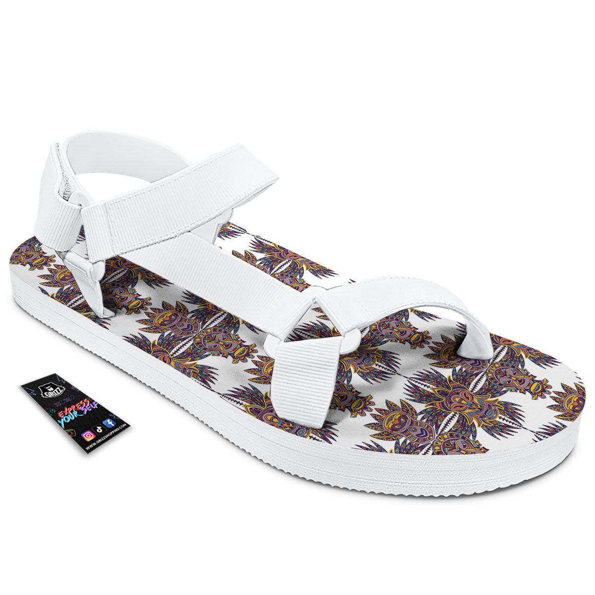 Tiki Mask Ornament Print Pattern White Open Toe Sandals-grizzshop