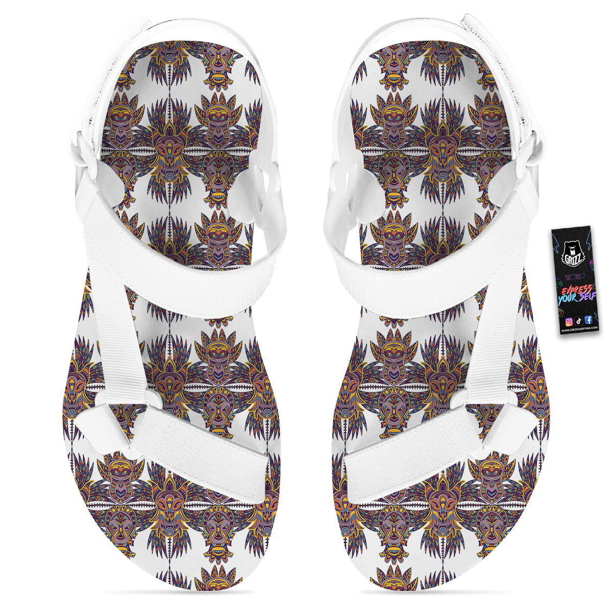 Tiki Mask Ornament Print Pattern White Open Toe Sandals-grizzshop