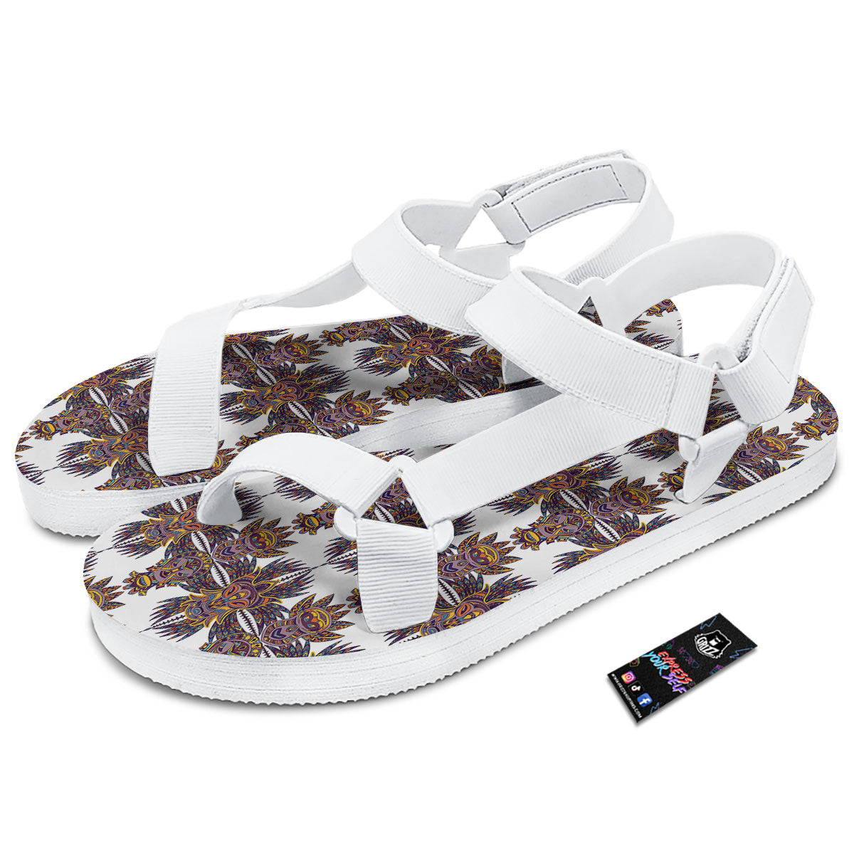 Tiki Mask Ornament Print Pattern White Open Toe Sandals-grizzshop
