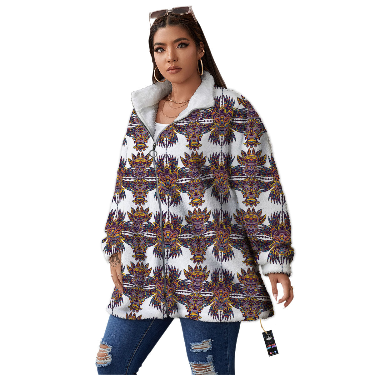 Tiki Mask Ornament Print Pattern Women's Sherpa Jacket-grizzshop