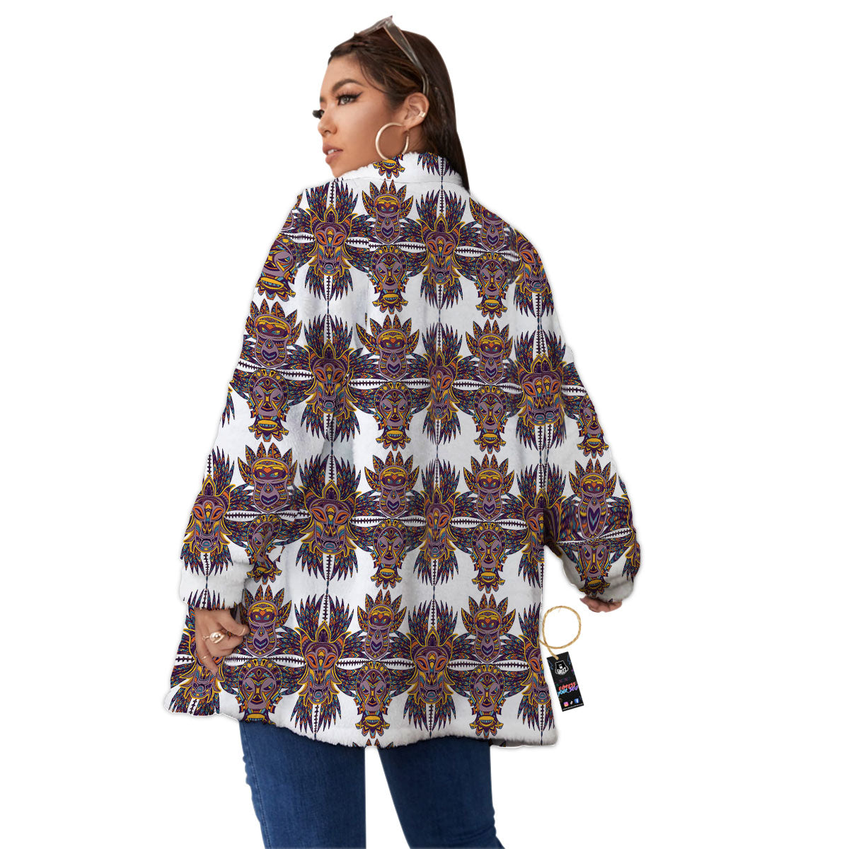 Tiki Mask Ornament Print Pattern Women's Sherpa Jacket-grizzshop