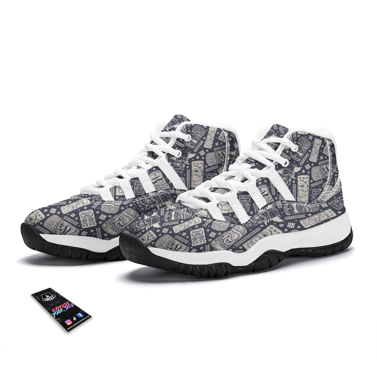 Tiki Pattern Print White Bball Shoes-grizzshop