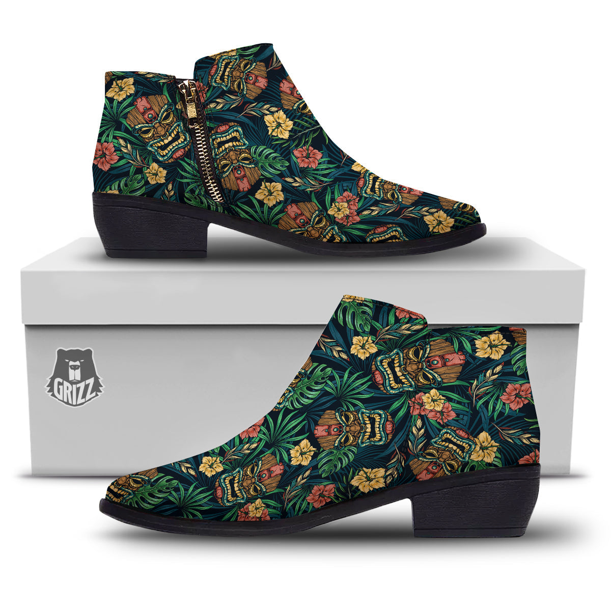 Tiki Tropical Print Pattern Ankle Boots-grizzshop