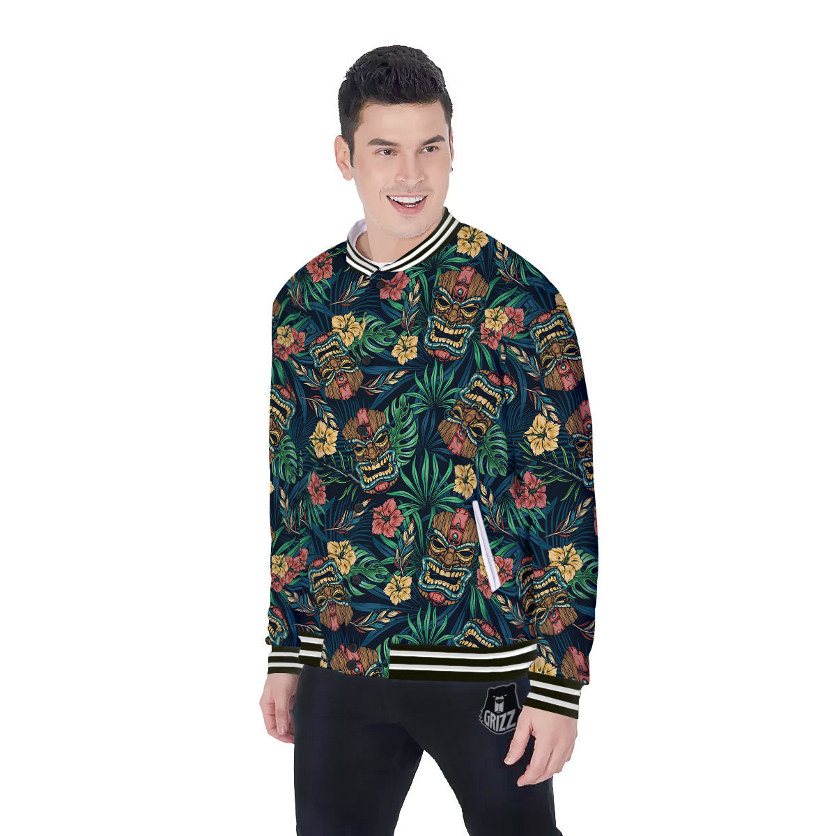 Tiki Tropical Print Pattern Baseball Jacket-grizzshop