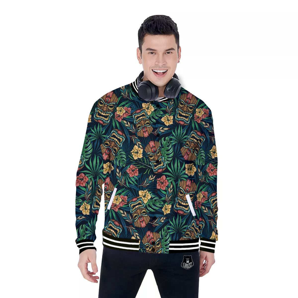 Tiki Tropical Print Pattern Baseball Jacket-grizzshop