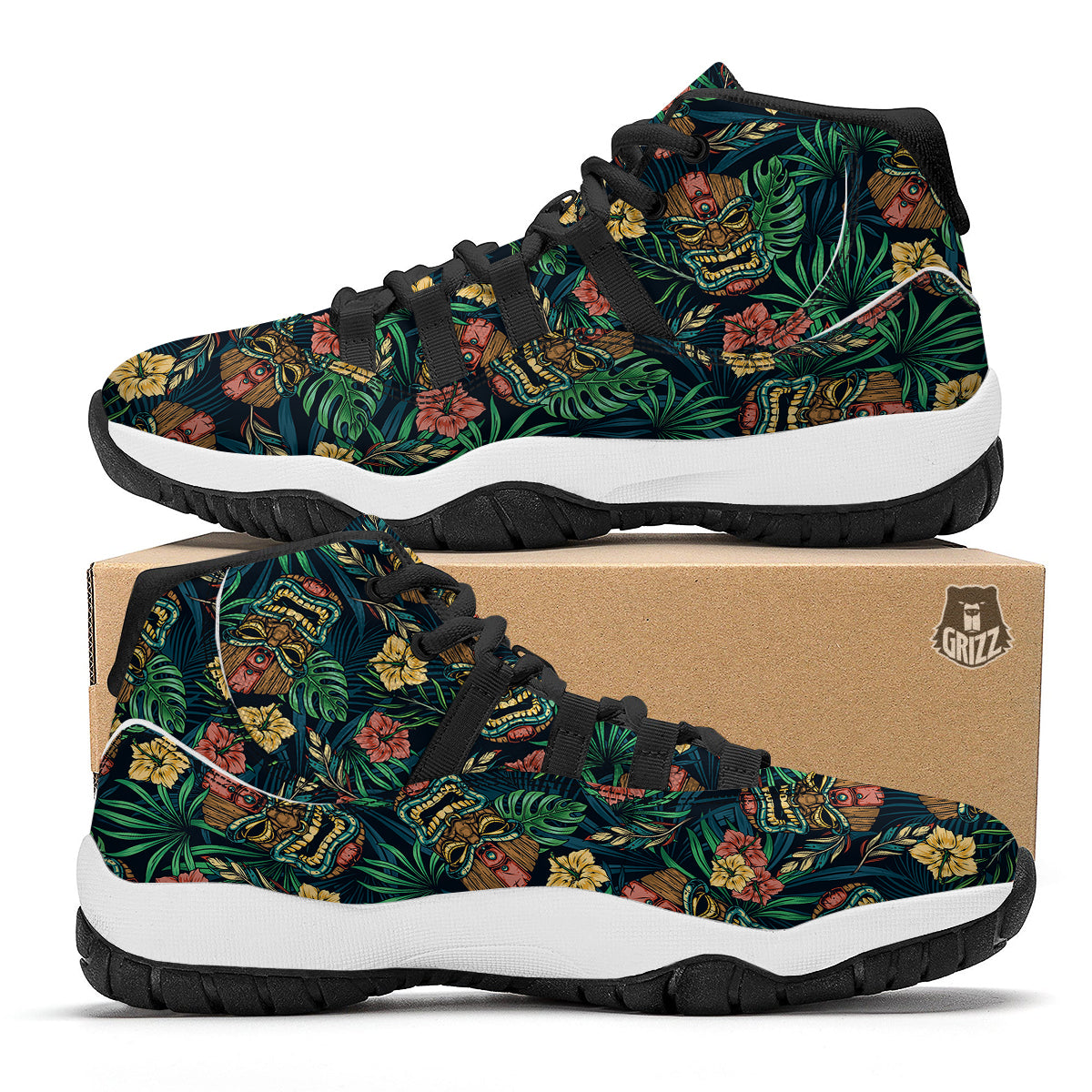 Tiki Tropical Print Pattern Black Bball Shoes-grizzshop