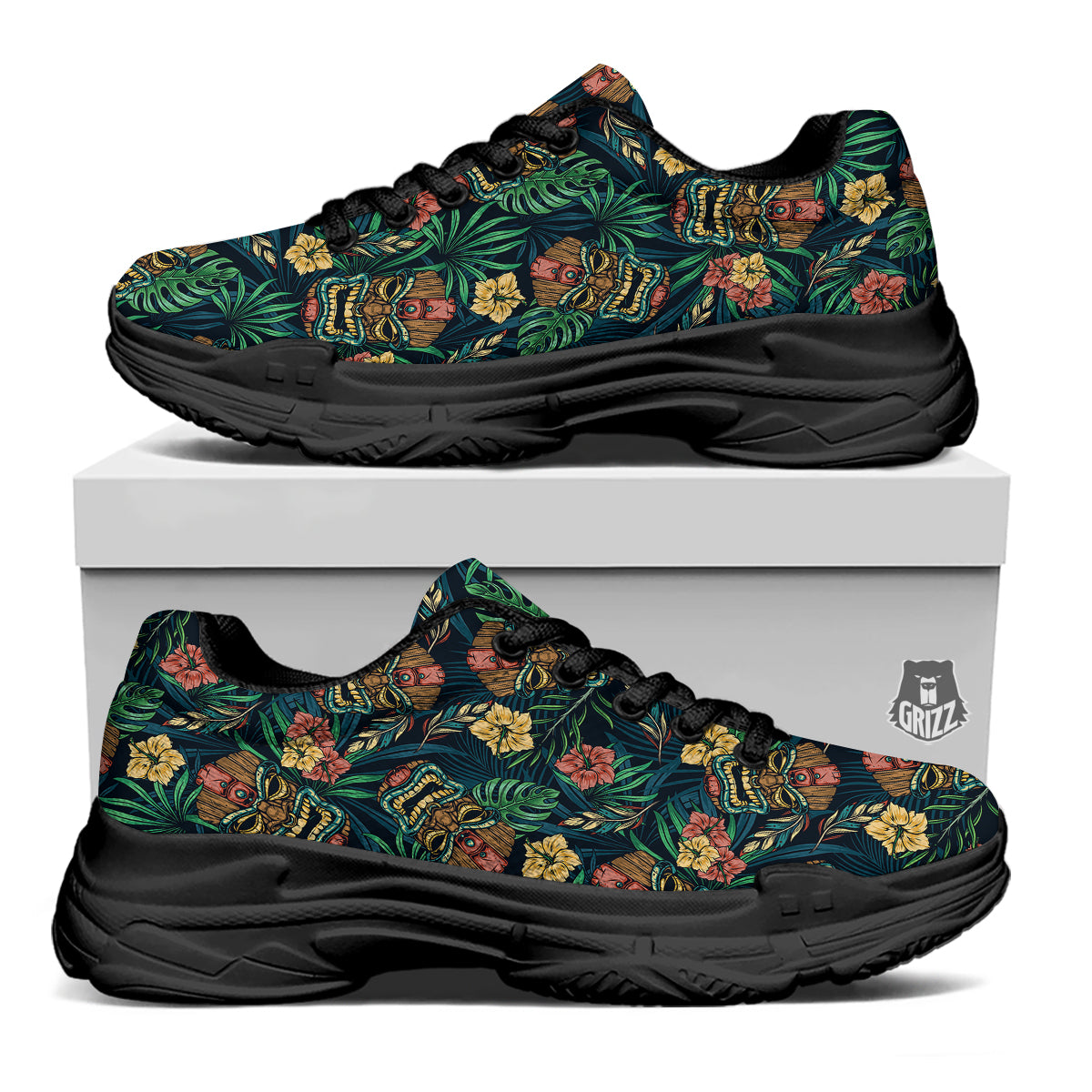 Tiki Tropical Print Pattern Black Chunky Shoes-grizzshop