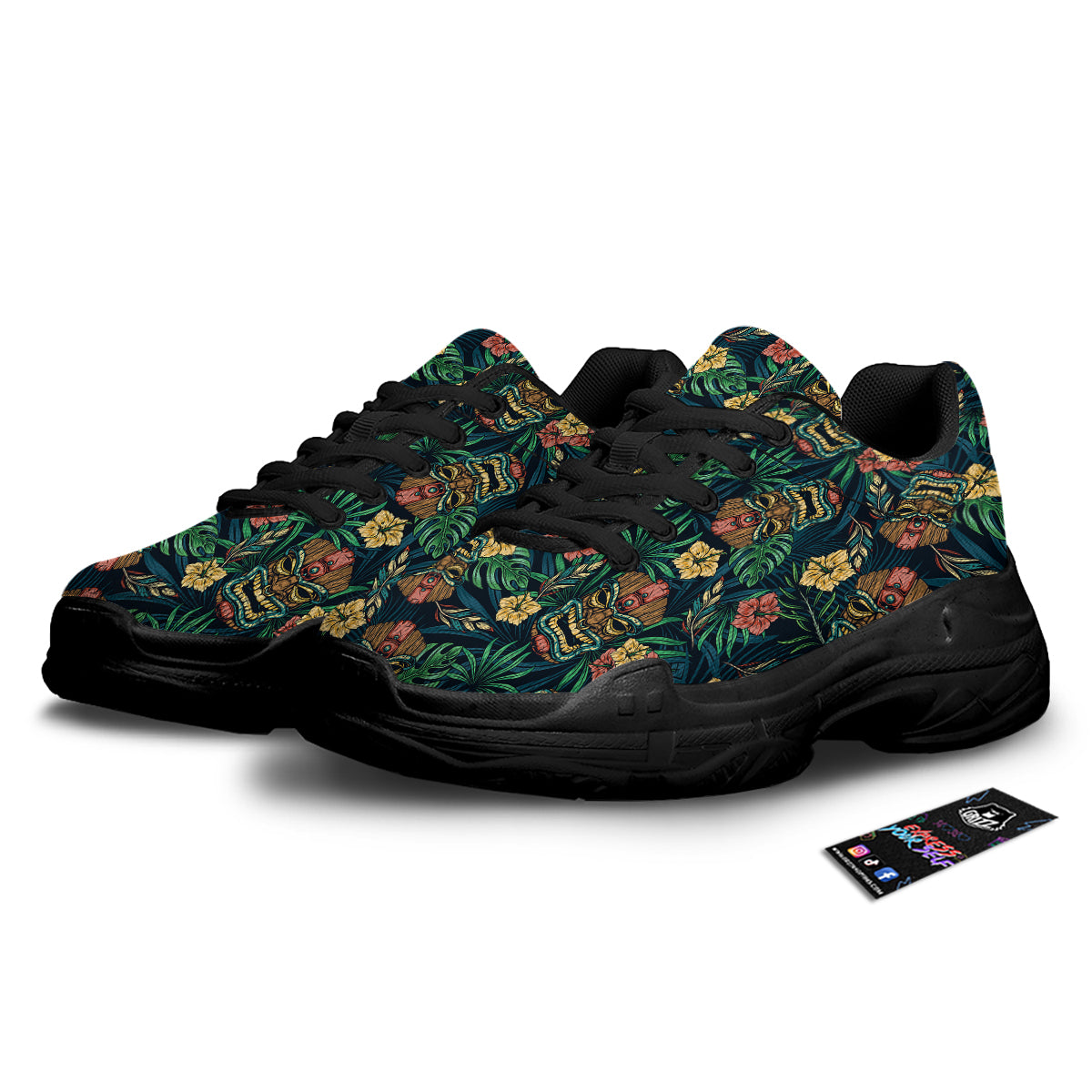 Tiki Tropical Print Pattern Black Chunky Shoes-grizzshop
