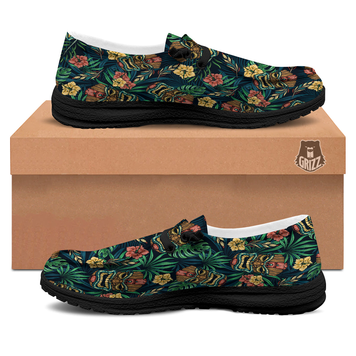 Tiki Tropical Print Pattern Black Loafers-grizzshop