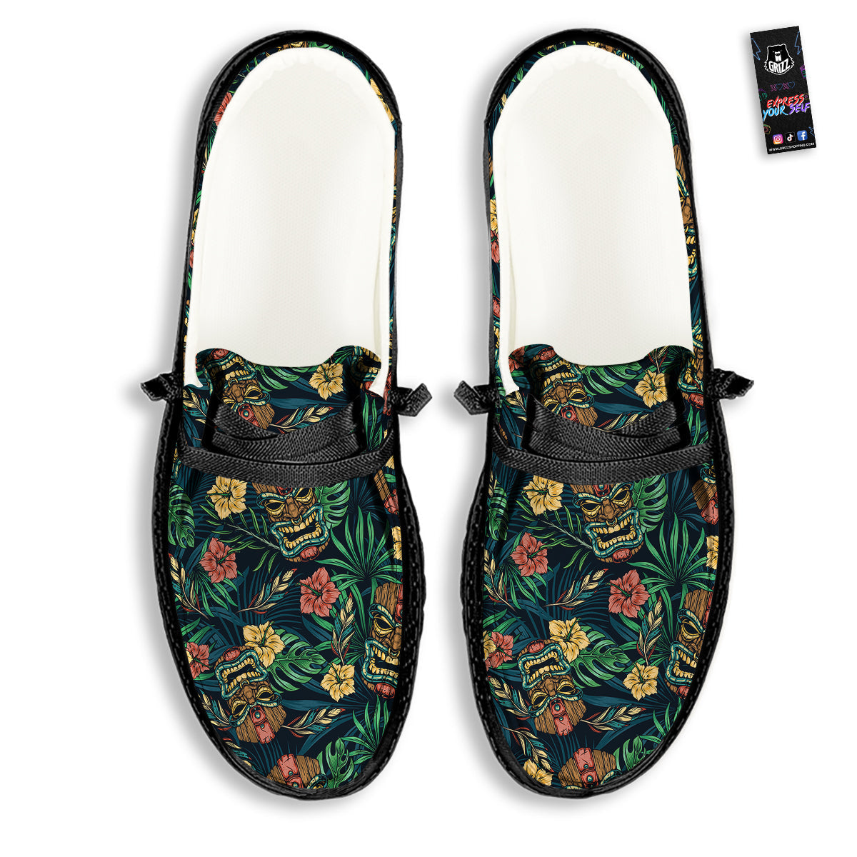 Tiki Tropical Print Pattern Black Loafers-grizzshop