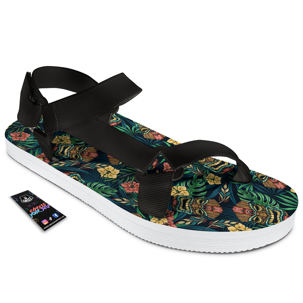 Tiki Tropical Print Pattern Black Open Toe Sandals-grizzshop
