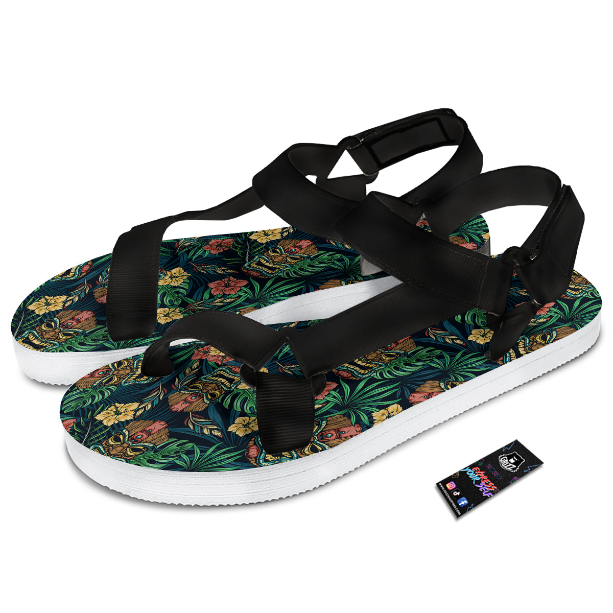 Tiki Tropical Print Pattern Black Open Toe Sandals-grizzshop