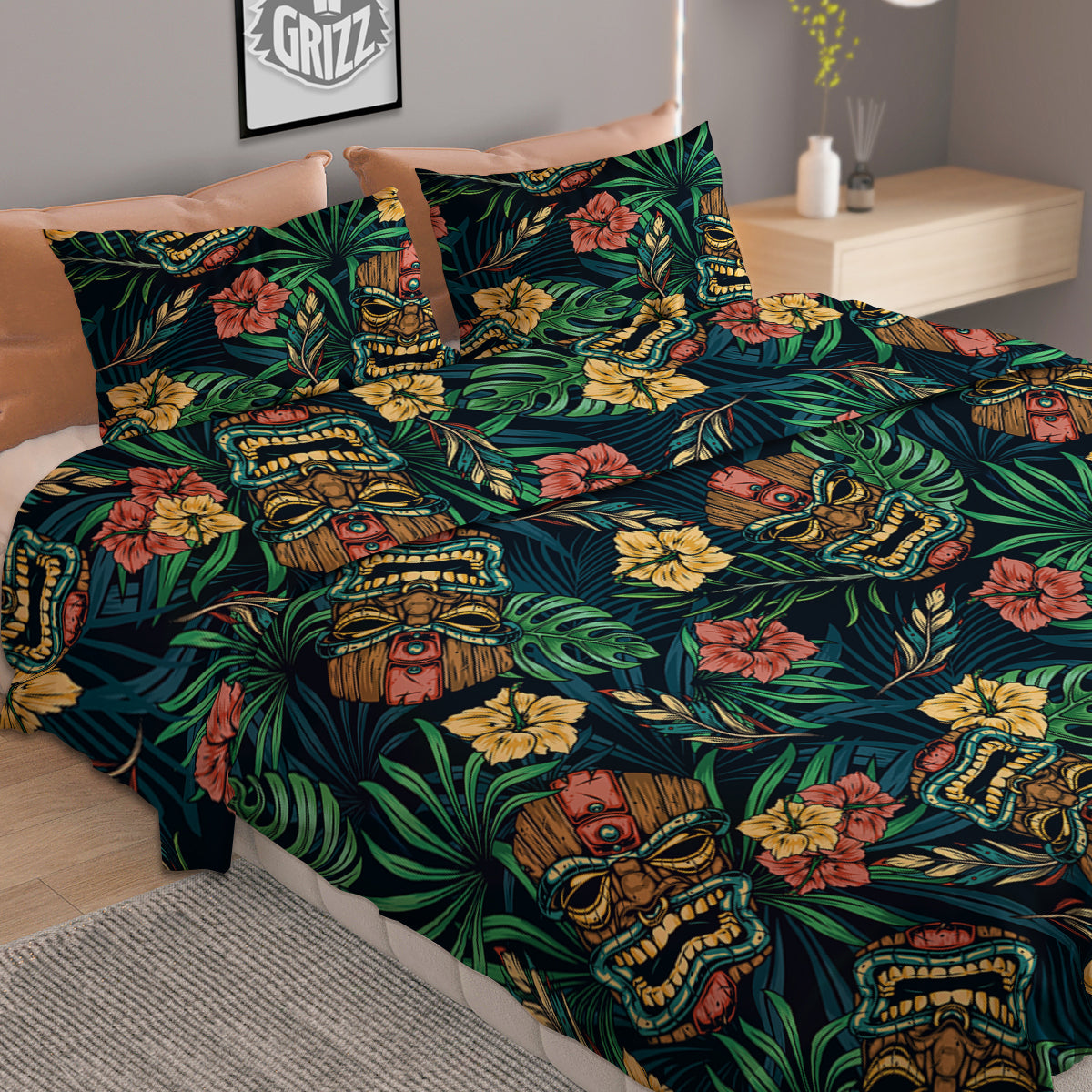 Tiki Tropical Print Pattern Duvet Cover Bedding Set