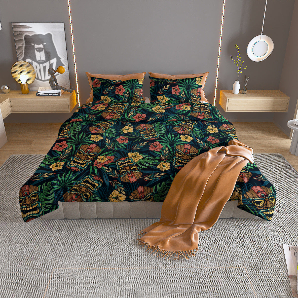 Tiki Tropical Print Pattern Duvet Cover Bedding Set