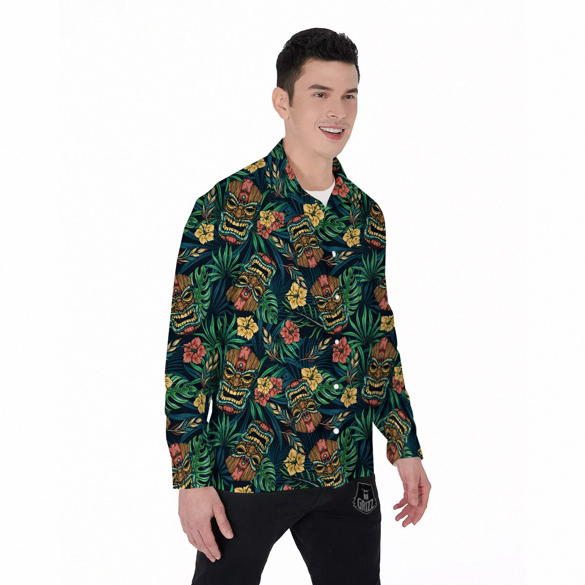 Tiki Tropical Print Pattern Men's Long Sleeve Shirts-grizzshop