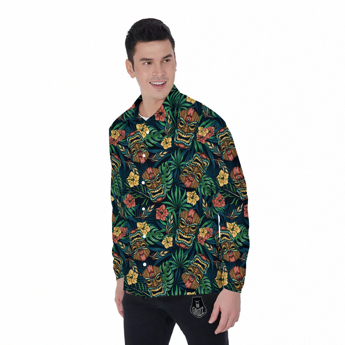 Tiki Tropical Print Pattern Men's Long Sleeve Shirts-grizzshop
