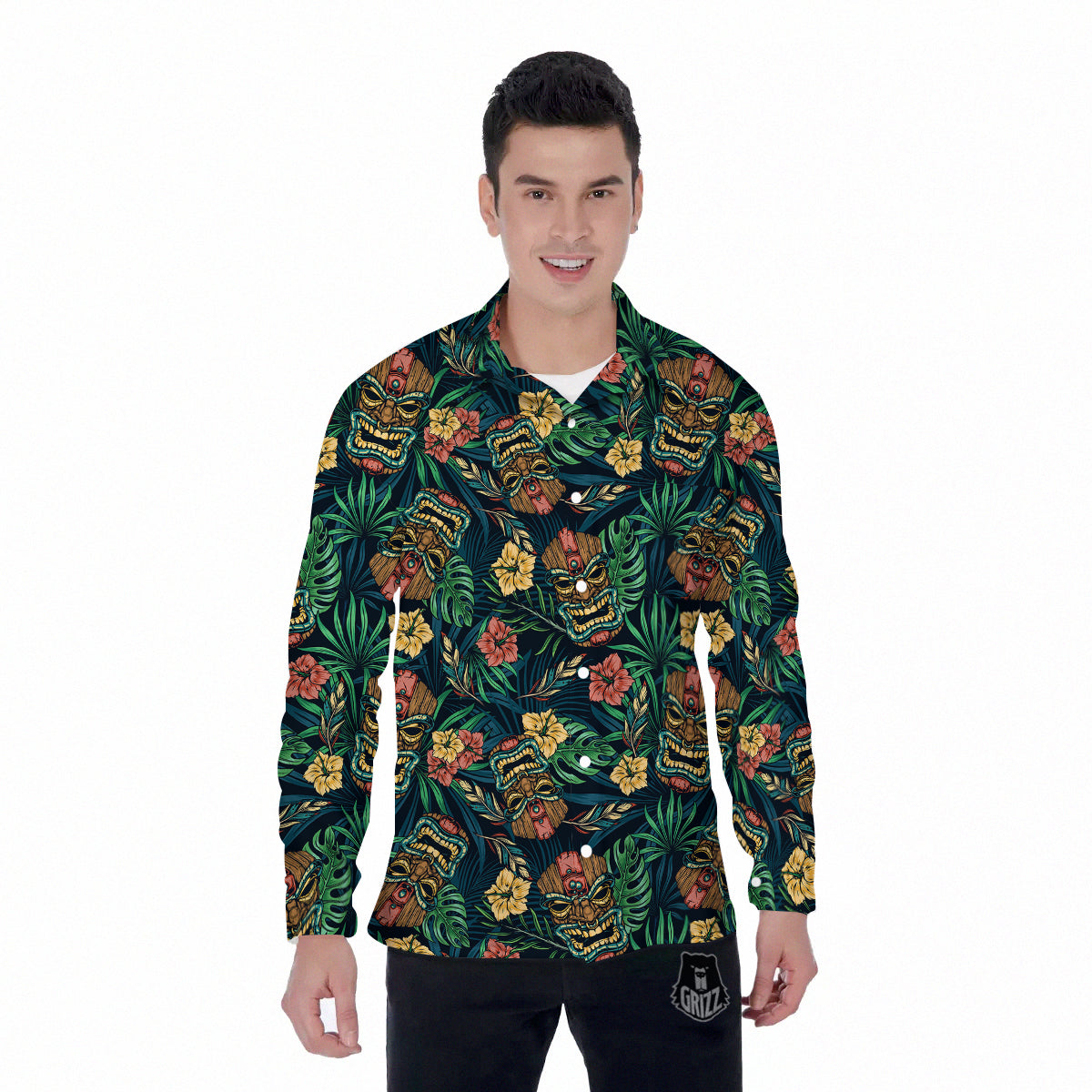 Tiki Tropical Print Pattern Men's Long Sleeve Shirts-grizzshop