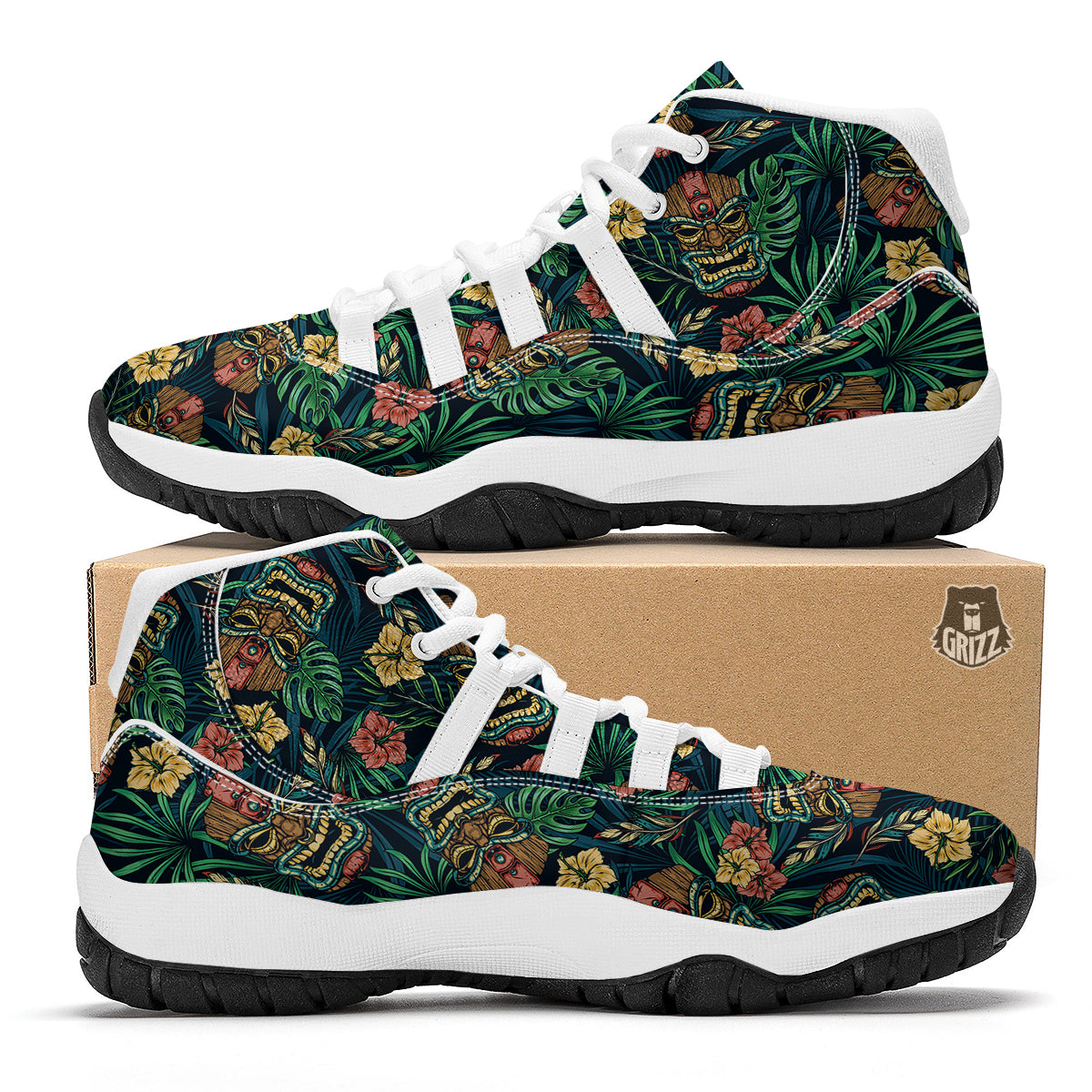 Tiki Tropical Print Pattern White Bball Shoes-grizzshop