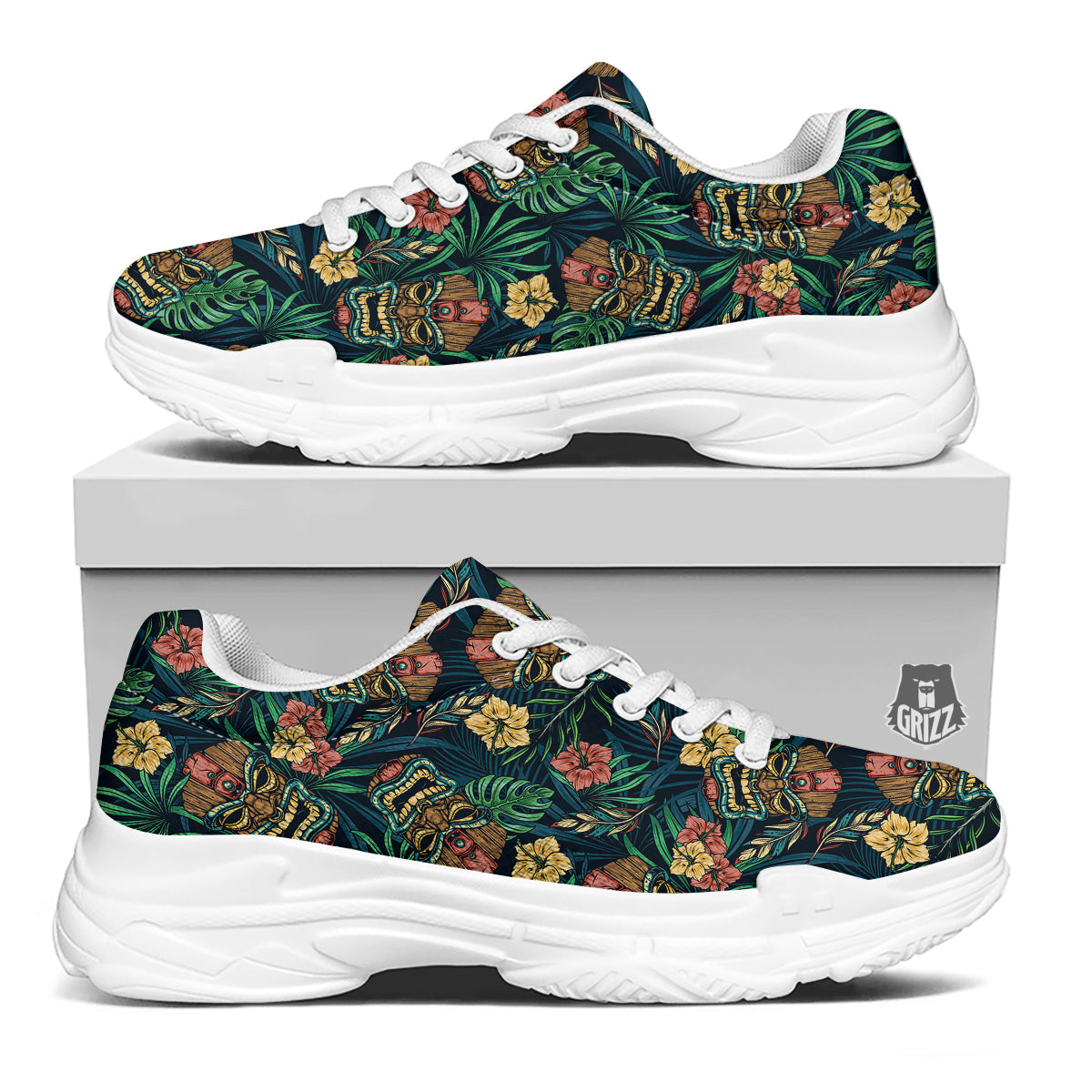 Tiki Tropical Print Pattern White Chunky Shoes-grizzshop