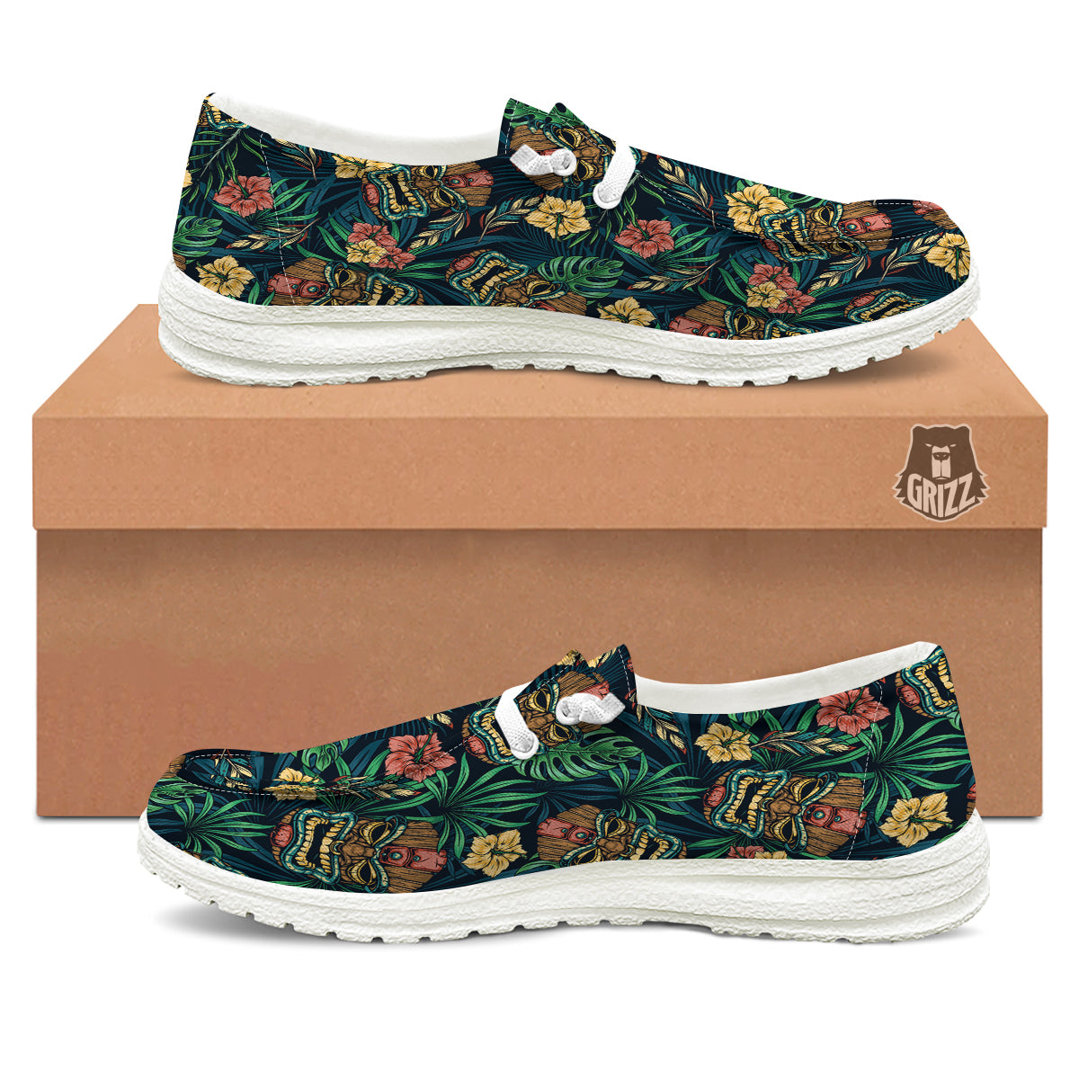 Tiki Tropical Print Pattern White Loafers-grizzshop