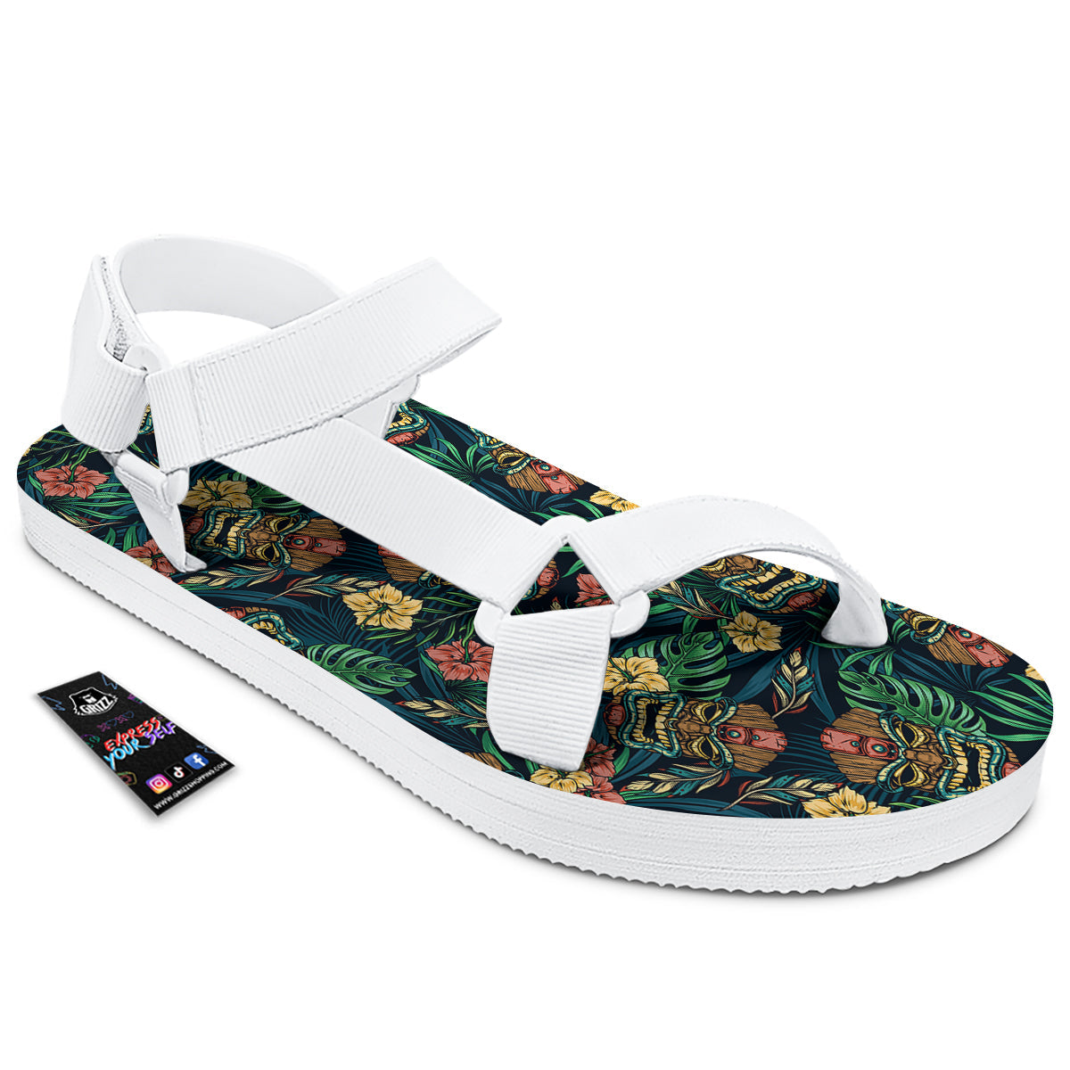 Tiki Tropical Print Pattern White Open Toe Sandals-grizzshop
