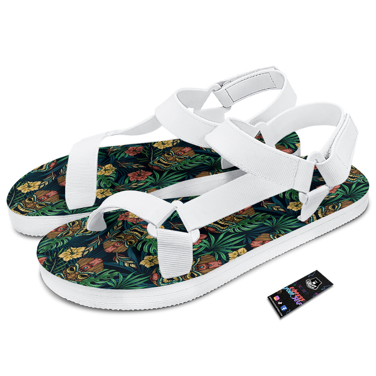 Tiki Tropical Print Pattern White Open Toe Sandals-grizzshop