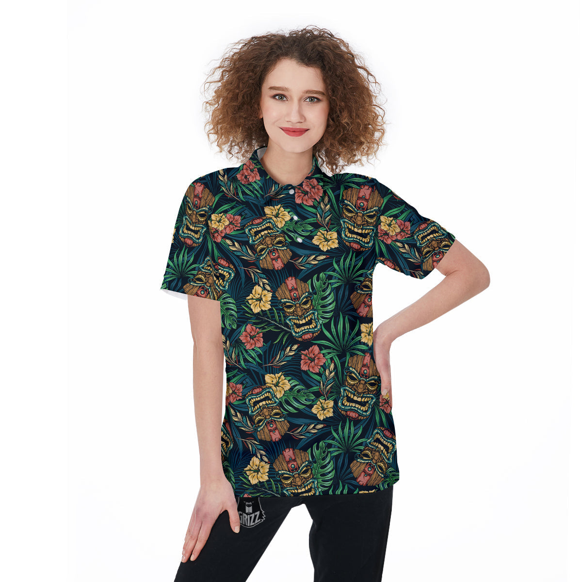 Tiki Tropical Print Pattern Women's Golf Shirts-grizzshop