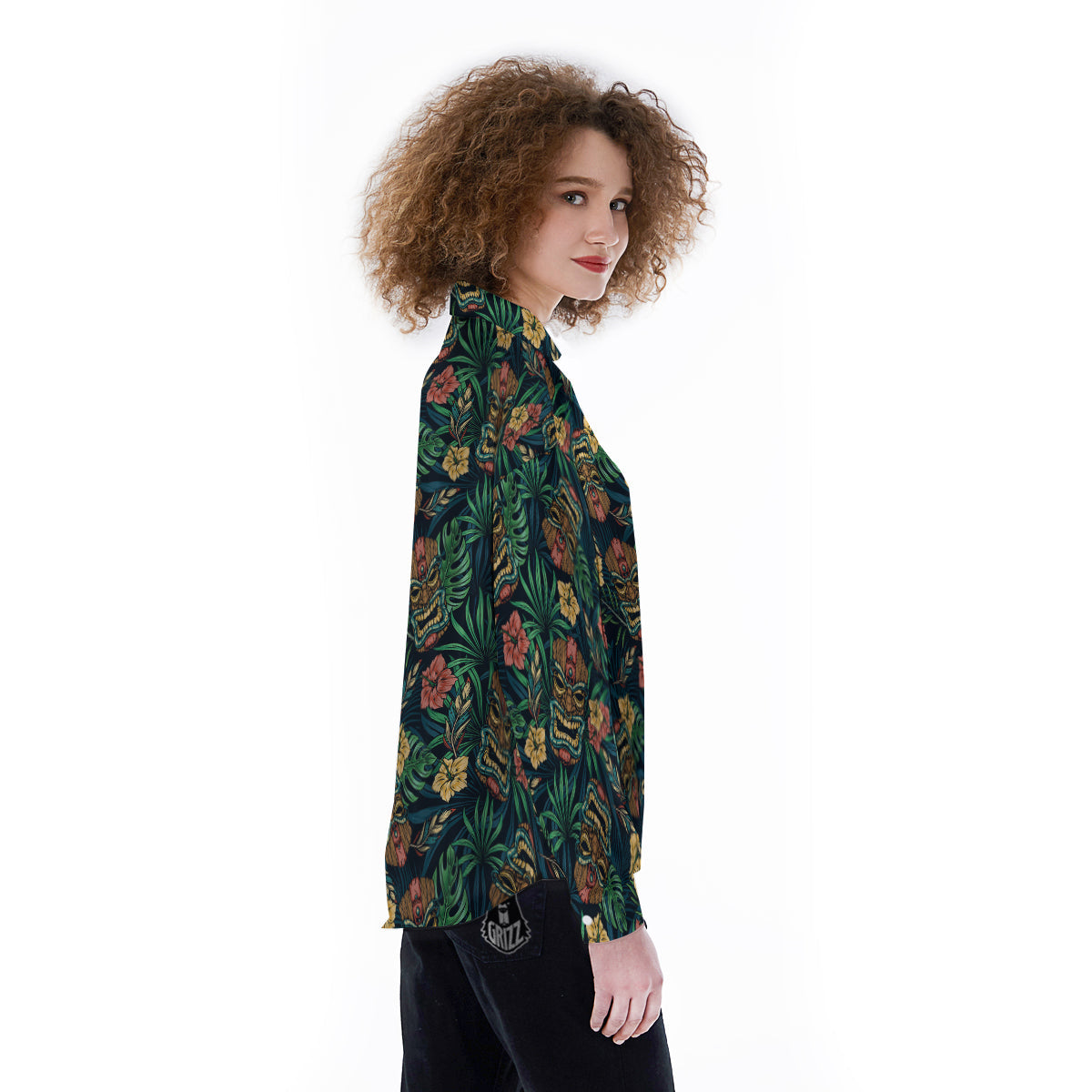 Tiki Tropical Print Pattern Women's Long Sleeve Shirts-grizzshop