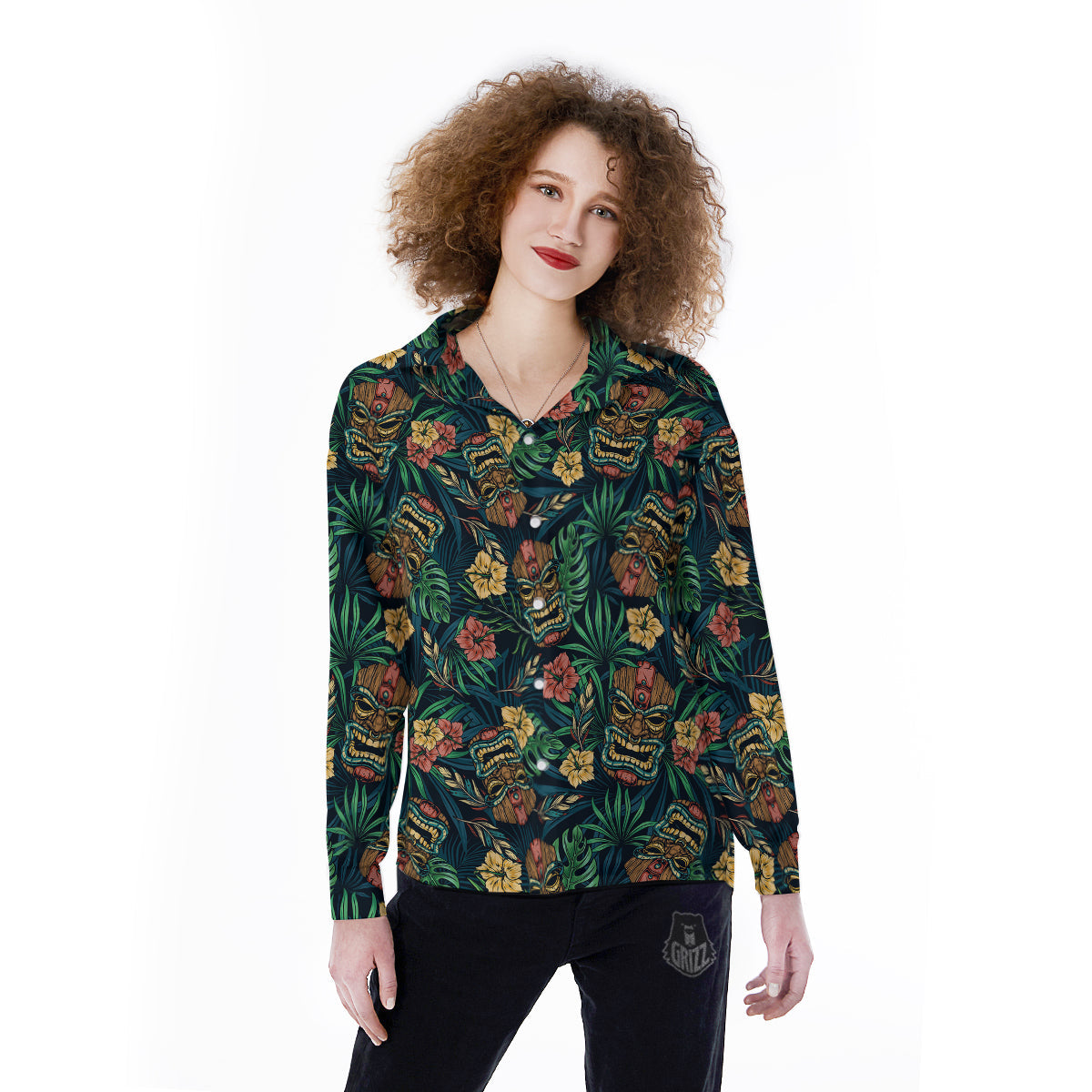 Tiki Tropical Print Pattern Women's Long Sleeve Shirts-grizzshop