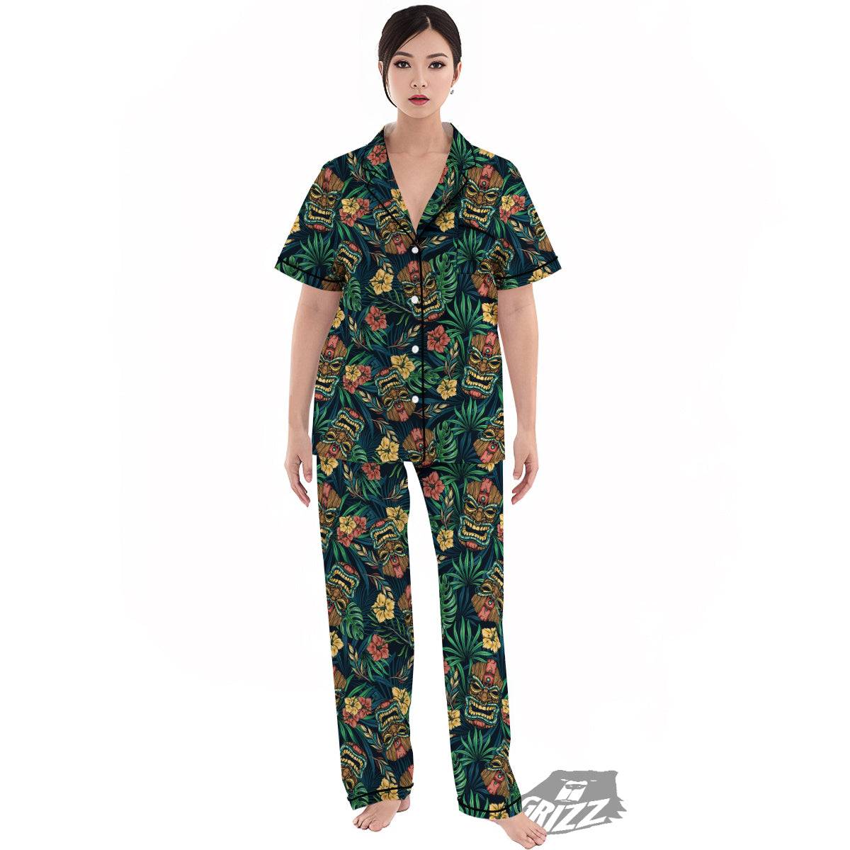 Tiki Tropical Print Pattern Women's Pajamas Set-grizzshop