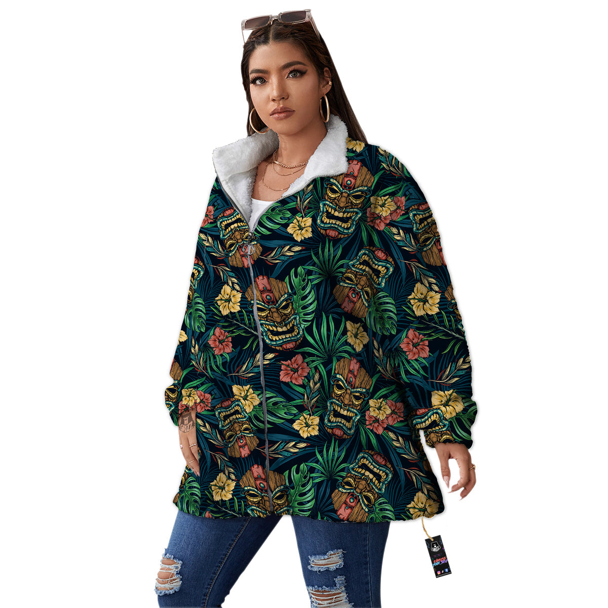 Tiki Tropical Print Pattern Women's Sherpa Jacket-grizzshop
