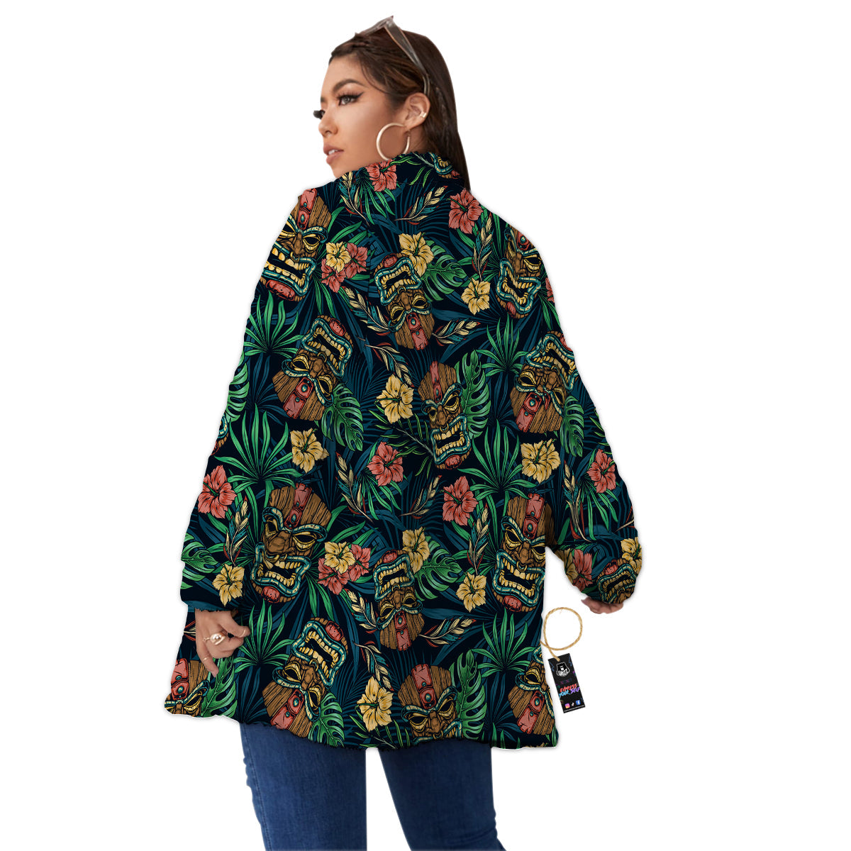 Tiki Tropical Print Pattern Women's Sherpa Jacket-grizzshop