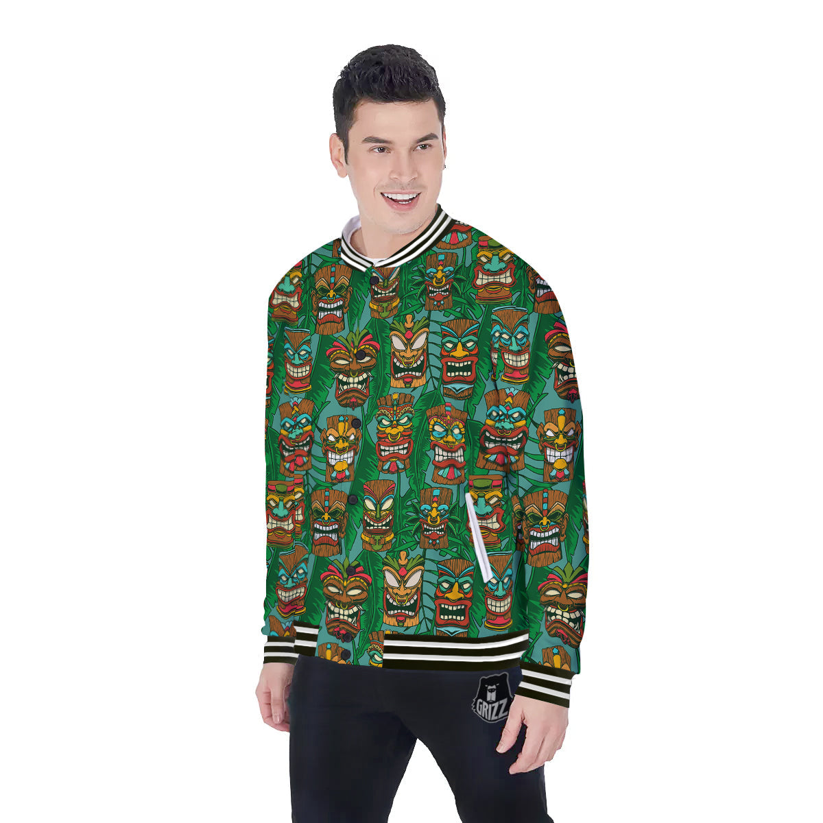 Tiki Wooden Print Pattern Baseball Jacket-grizzshop
