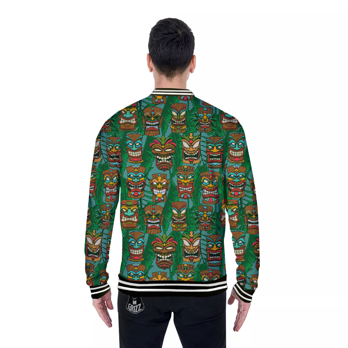 Tiki Wooden Print Pattern Baseball Jacket-grizzshop
