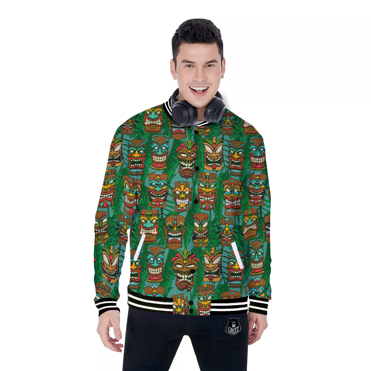 Tiki Wooden Print Pattern Baseball Jacket-grizzshop