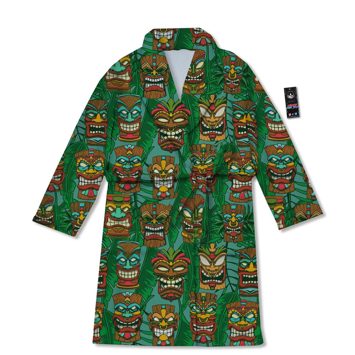 Tiki Wooden Print Pattern Bathrobe-grizzshop