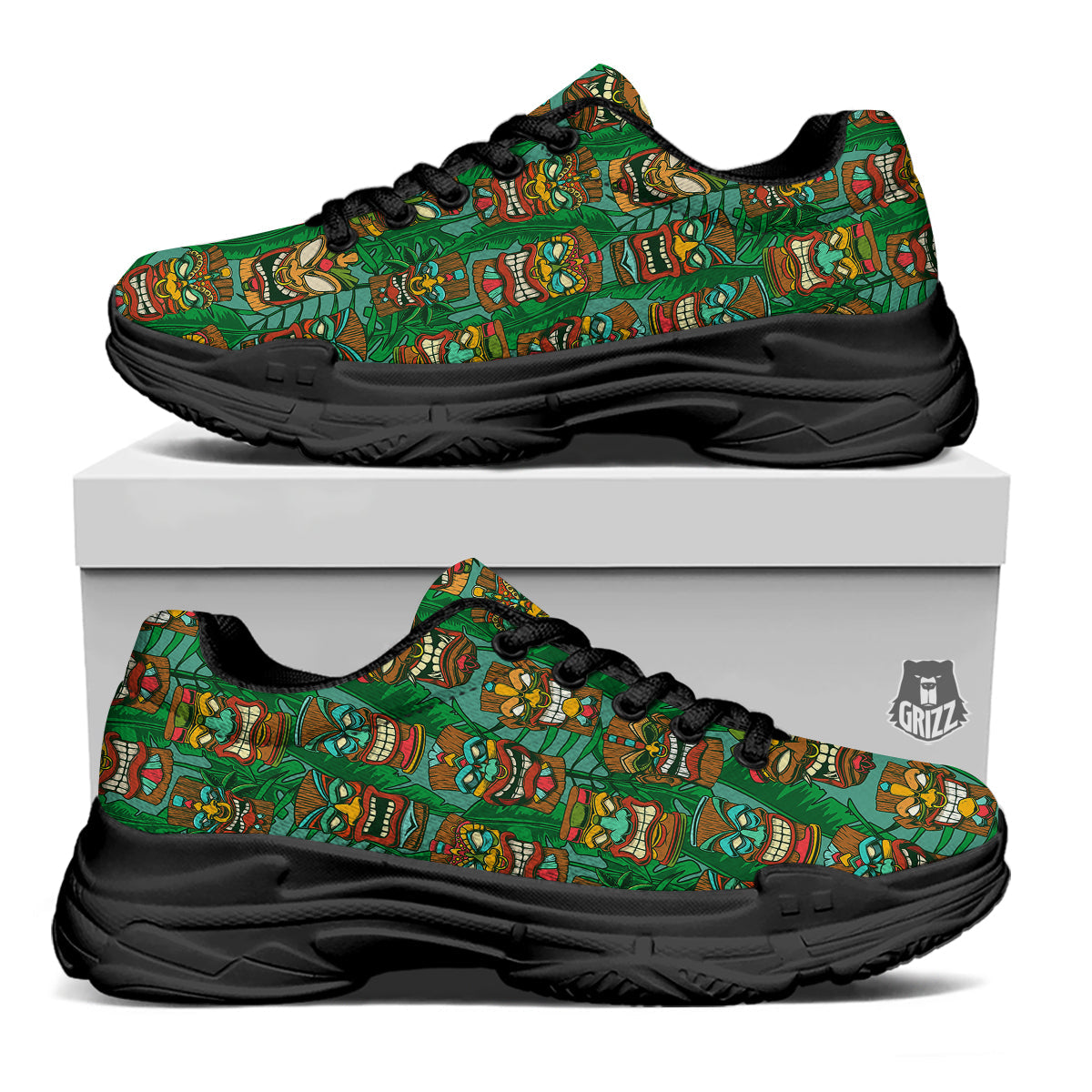 Tiki Wooden Print Pattern Black Chunky Shoes-grizzshop